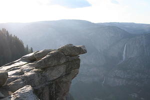 Narrow bit of rock that people used to stand on (4000 feet above the valley floor), Yosemite Falls in the background